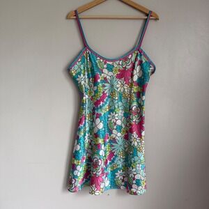 Delicates Vintage Floral Satin Chemise Slip M Blue Pink Psychedelic 60s Retro